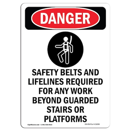 Signmission OSHA Danger Sign, Safety Belts And Lifelines, 5in X 3.5in Decal, 10PK, 3.5" W, 5" H, Portrait, PK10 OS-DS-D-35-V-1698-10PK